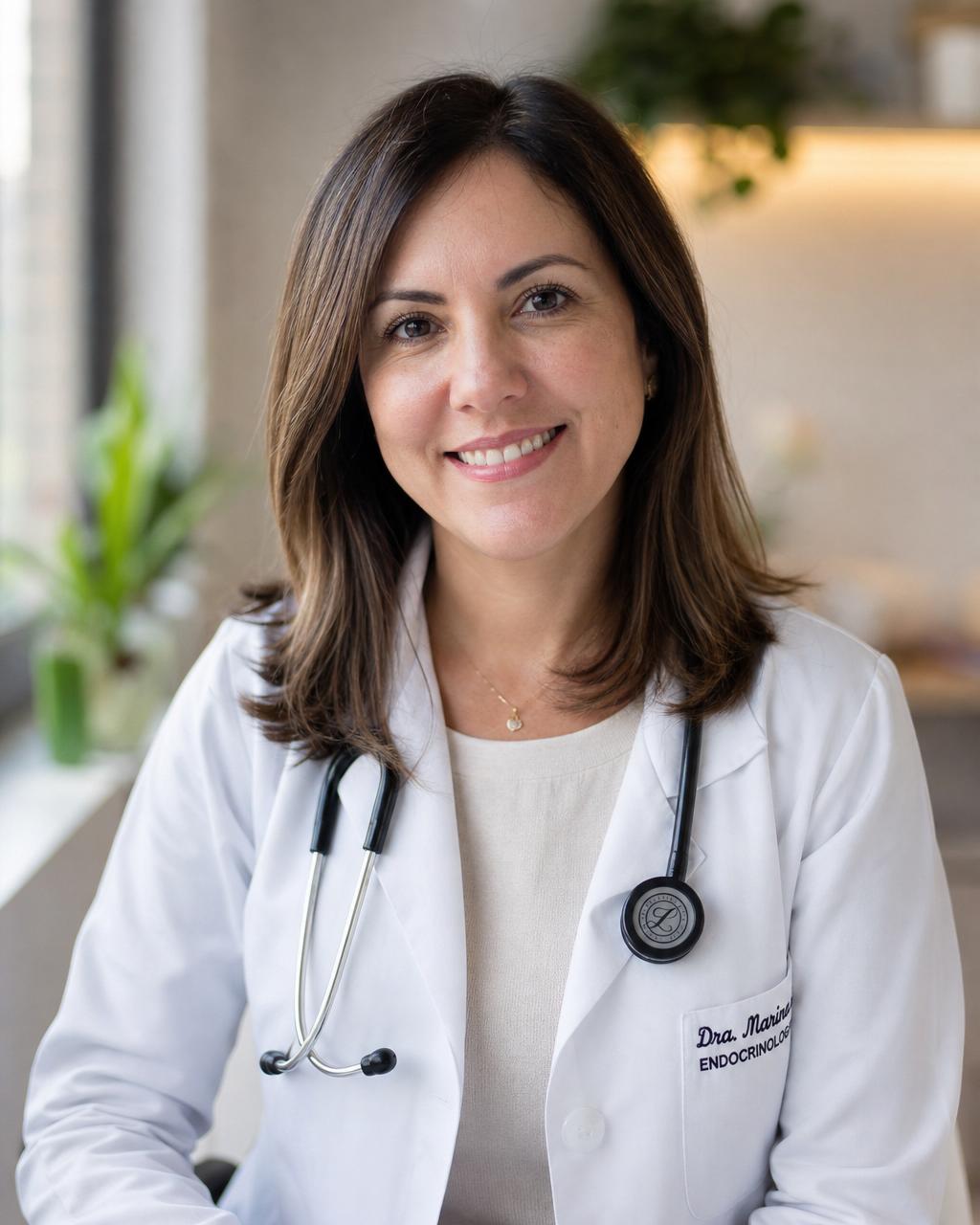 Dra. Marina Alves, endocrinologista, sorrindo em seu consultório