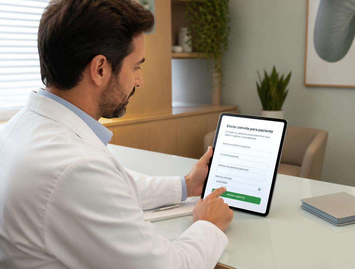 Médico enviando convite digital para paciente em um tablet