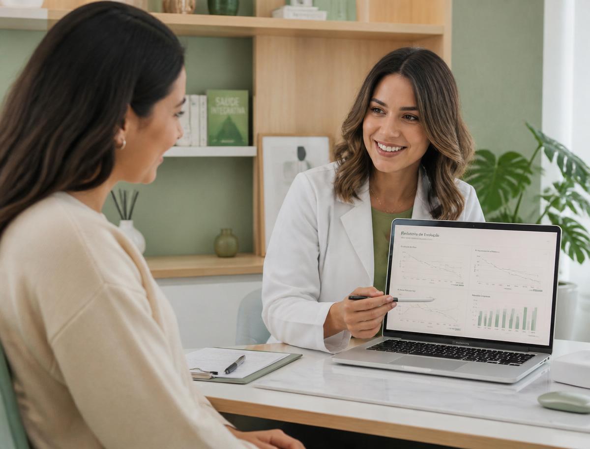 Médica apresentando relatório de evolução para paciente no consultório